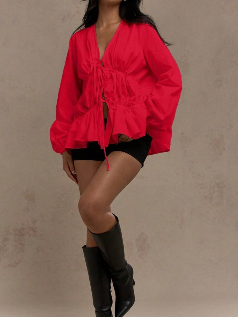 Red Casual Women's Tie Front Blouse Ruched Detail Puff Sleeve Wrap Top